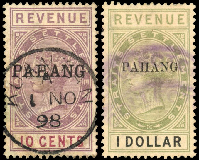 Pahang Revenues 1890s 10c and $1 overprints on Straits used
