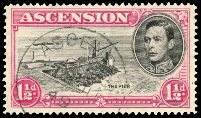 ASCENSION: 1949 1½d black and carmine, perf 14 with R5/1 ‘davit flaw’ fine used SG 40ea £450