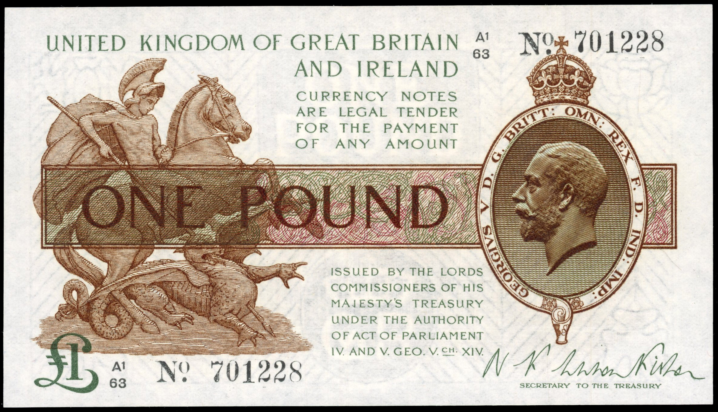 Treasury, N F Warren-Fisher (second issue), One Pound, Feb. 1923, A1/63 701228 (Dugg. T31). Good Extremely Fin…