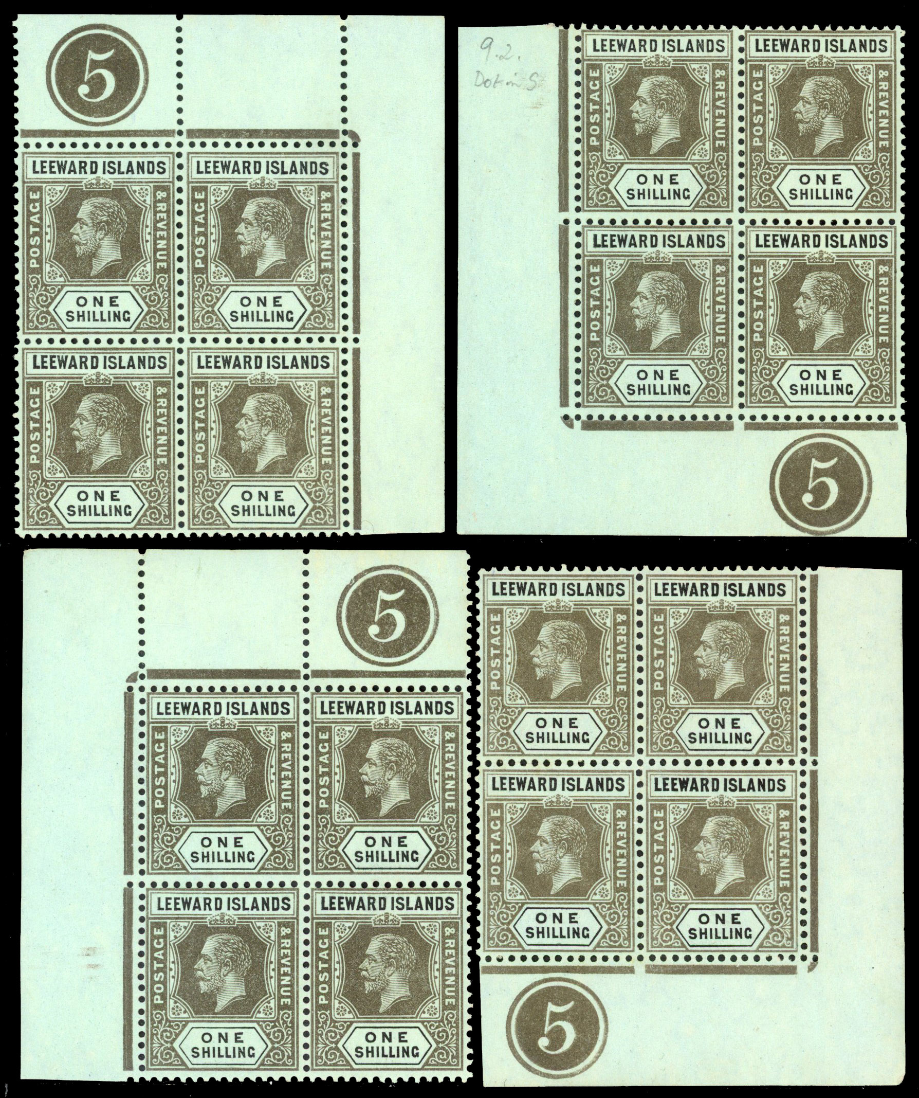 Leeward Islands SG 54c Plate blocks mint