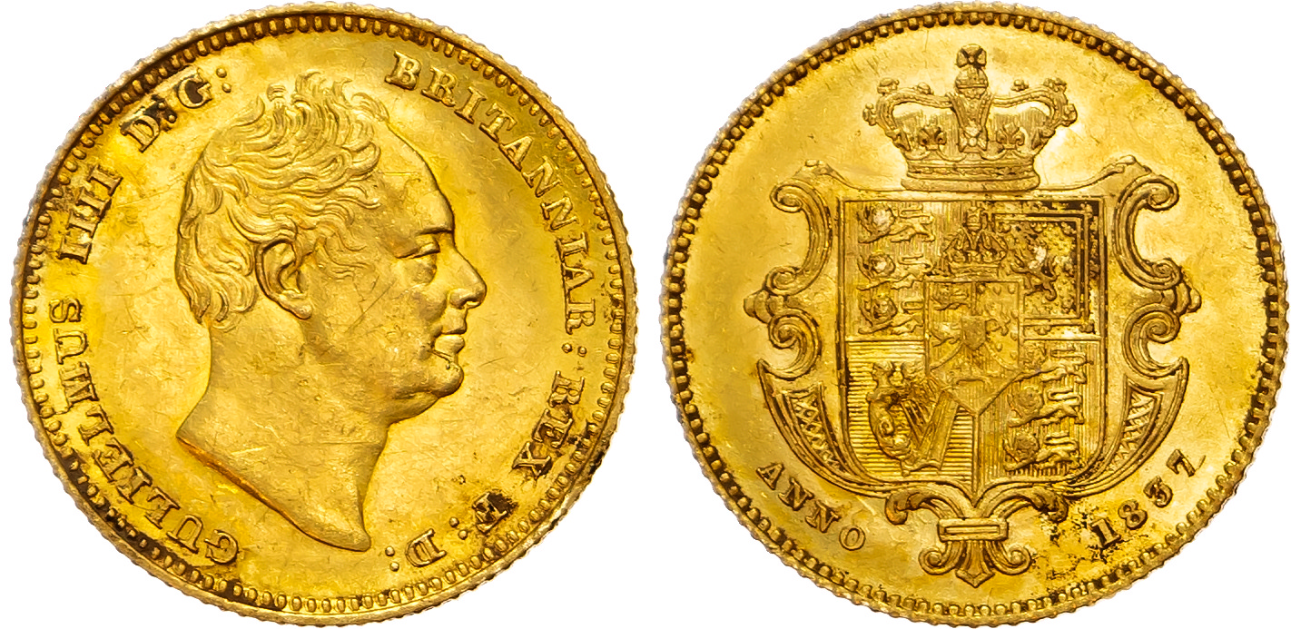 William IV (1830-1837) Half Sovereign, 1837, large size.