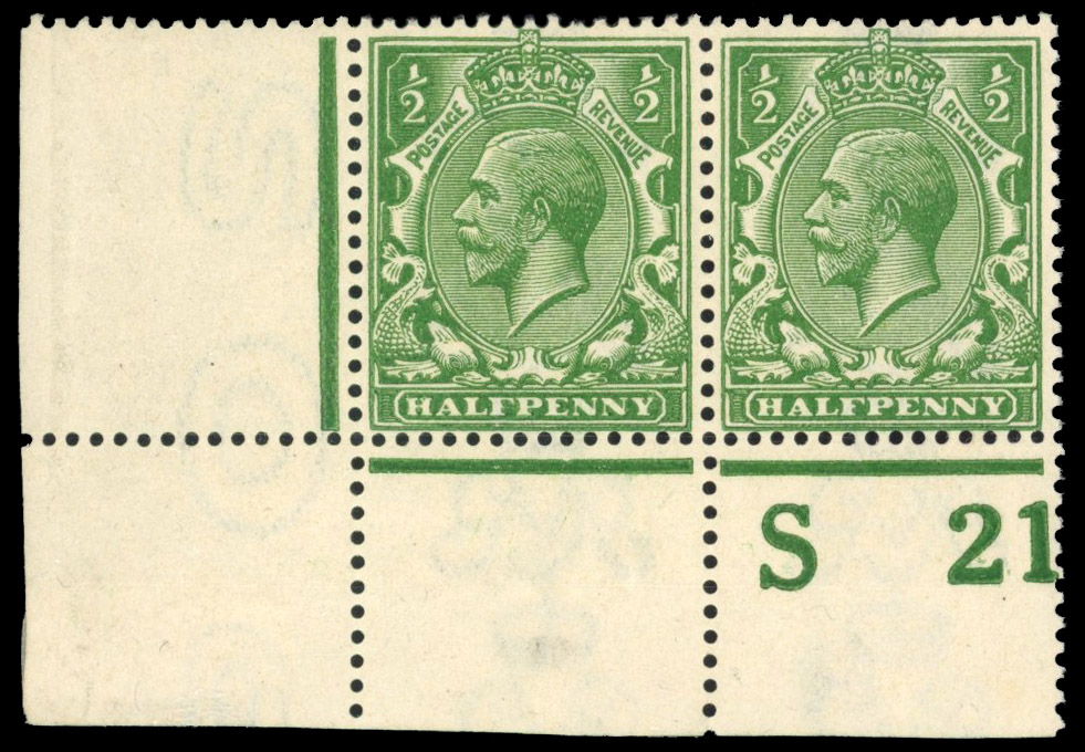 GB: 1912–24 ½d deep cobalt-green, mint unmounted o.g. control S21 pair in a distinct deep yellowish shade