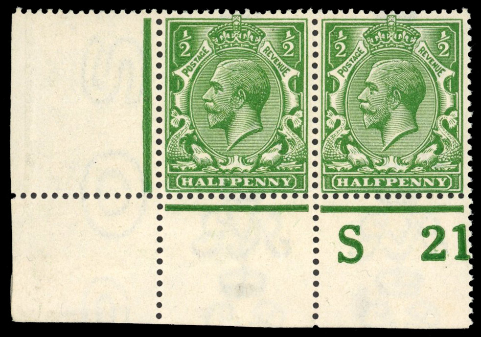 GB: 1912–24 ½d deep cobalt-green, mint unmounted o.g. control S21 pair in a distinct deep yellowish shade