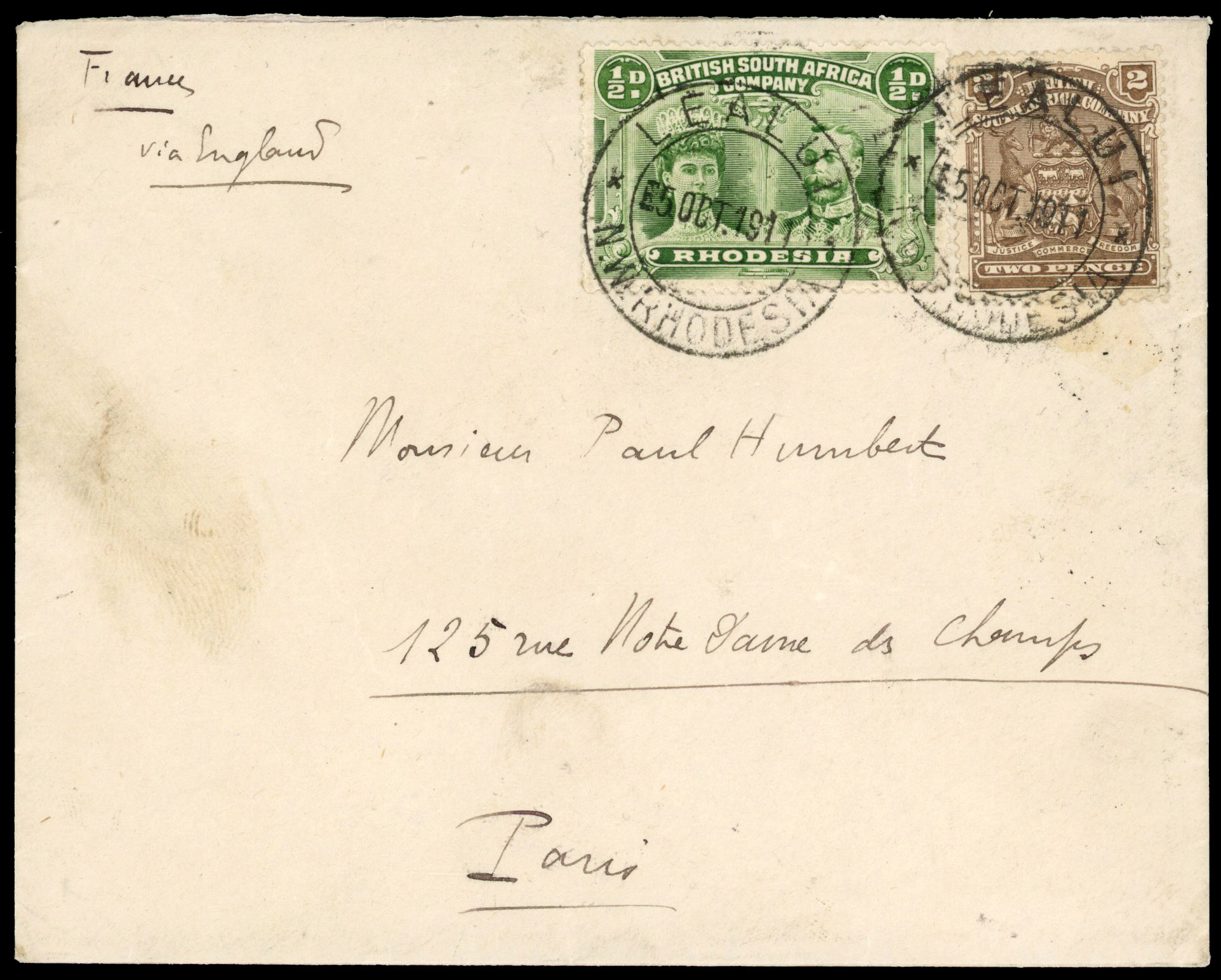 Rhodesia 1911 cover from Lealui to France