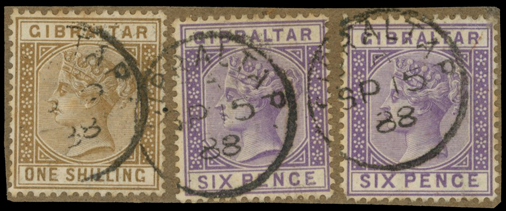 1887 6d lilac (2) and 1s bistre tied to...