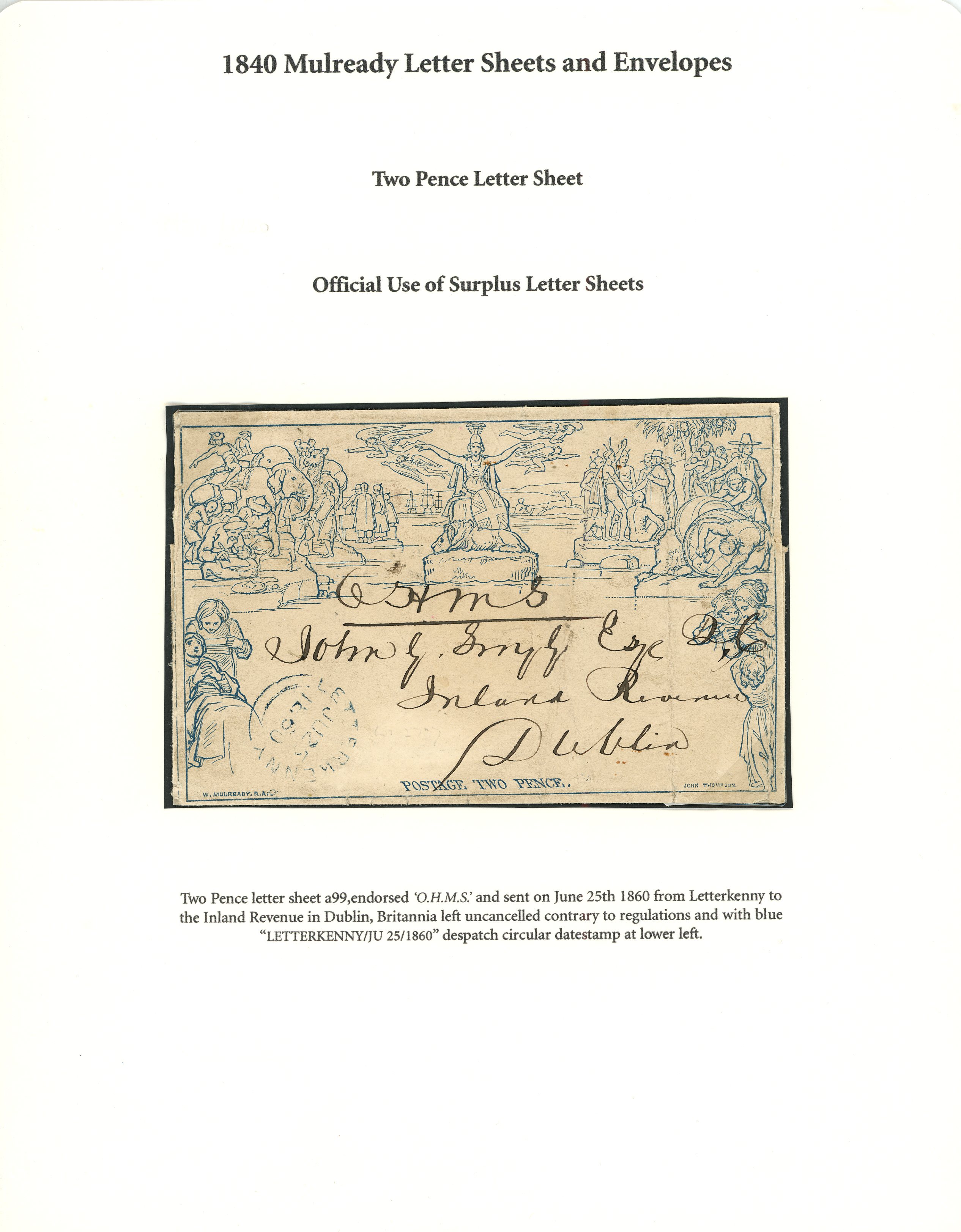 1840 2d blue Mulready letter sheet, stereo a99, an example of official use of surplus letter...