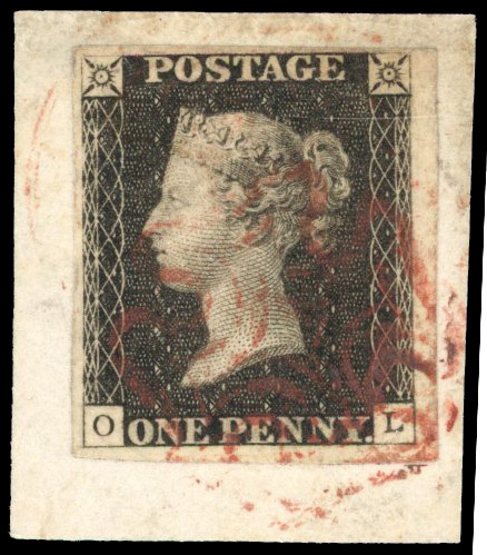 GB: 1840 1d black Plate 3 (OL) 4-margin, tied to small piece by red MC SG 2