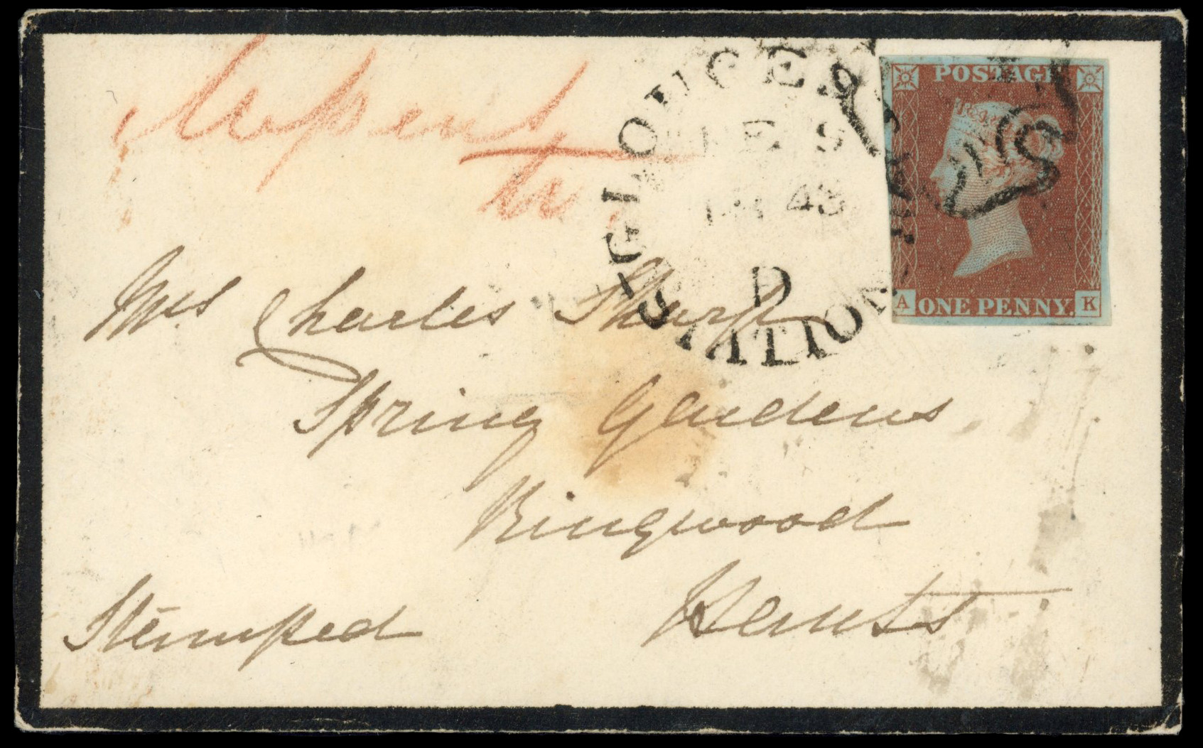 GB 1841-53 1d red-brown (AK), margins cut into to good, on mourning cover tied by black Maltese Cross