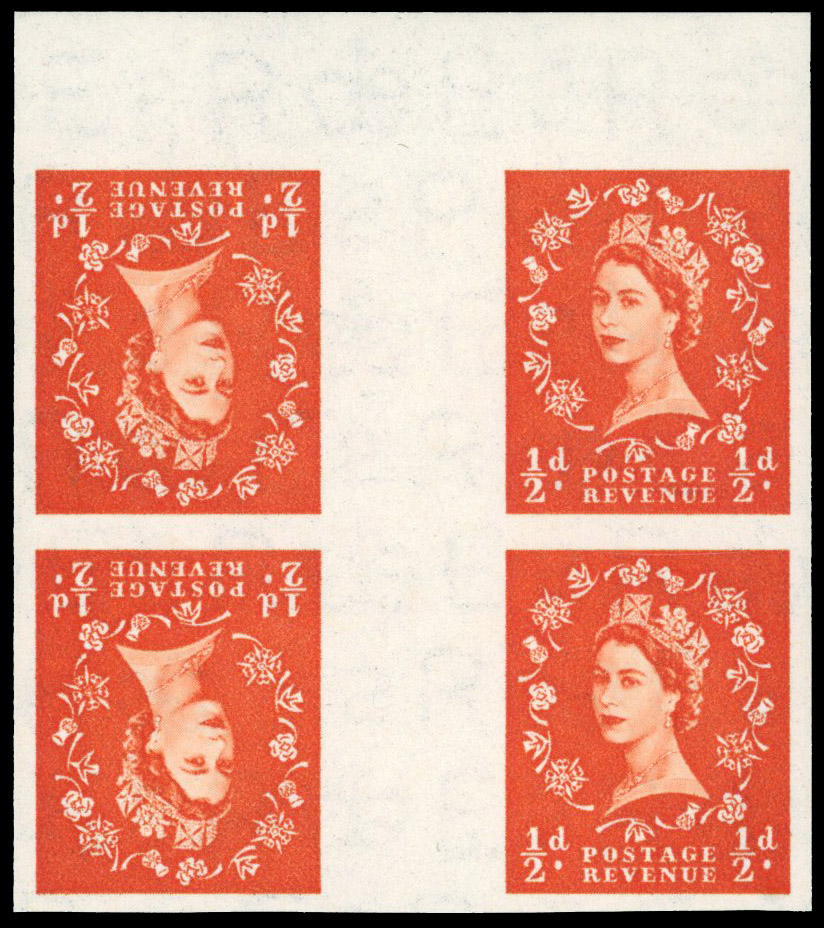 1955 ½d orange-red imperforate top marginal tête-bêche gutter block of four imprimaturs, SG 540var