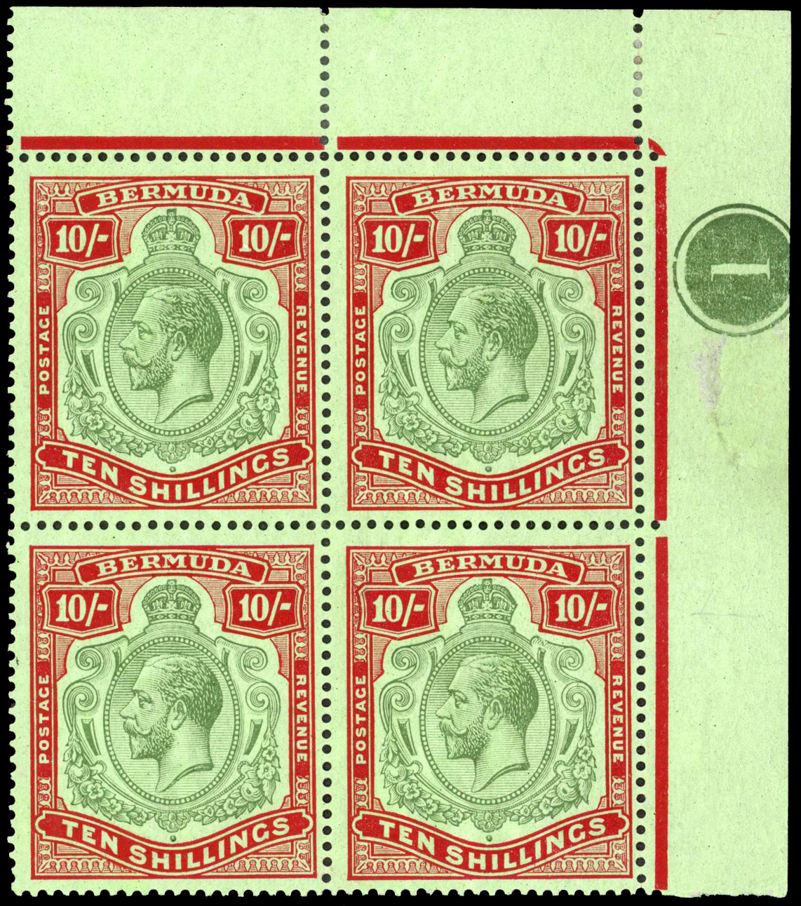 Bermuda 1924-32 10s green & red/pale emerald plate block + vars unmounted S.G. 92/a/b cat £1,780++