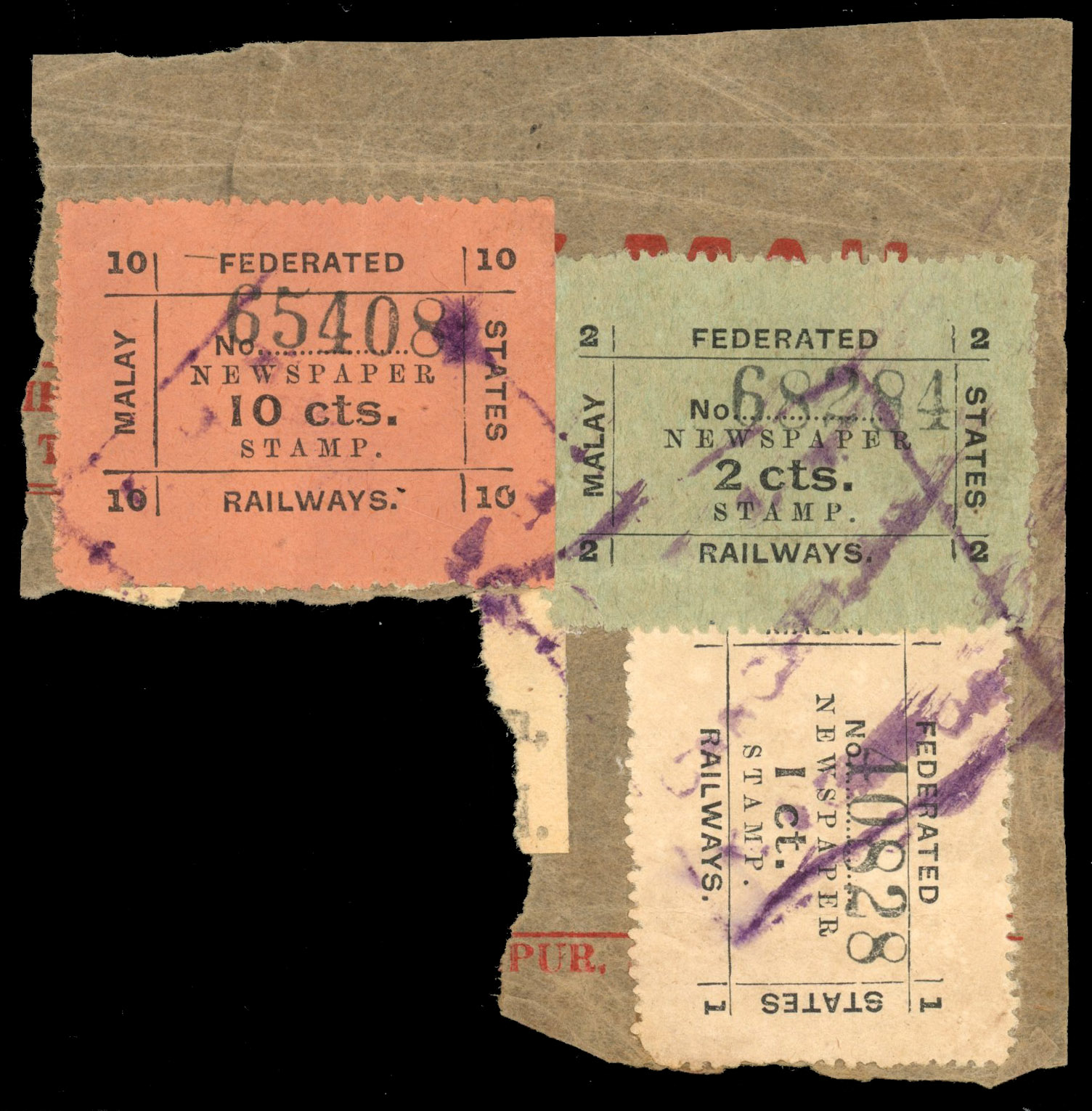 FMS Railway Newspaper 1918-33 1c, 2c, 10c used on piece