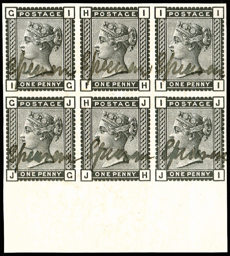 Great Britain 1880 1d Venetian red. Very fine unused imperforate bottom marginal block of six plate proofs lettere…