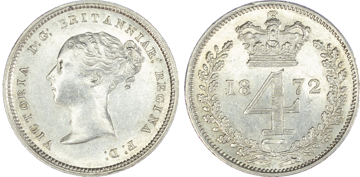 Victoria (1837-1901), Maundy set, 1872, Four, Three, Two and One Pence, young head left, legend and toothed border
