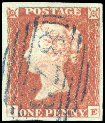 1841 1d Red-brown Pl.83 (IE). Used large four margin example showing major re-entry
