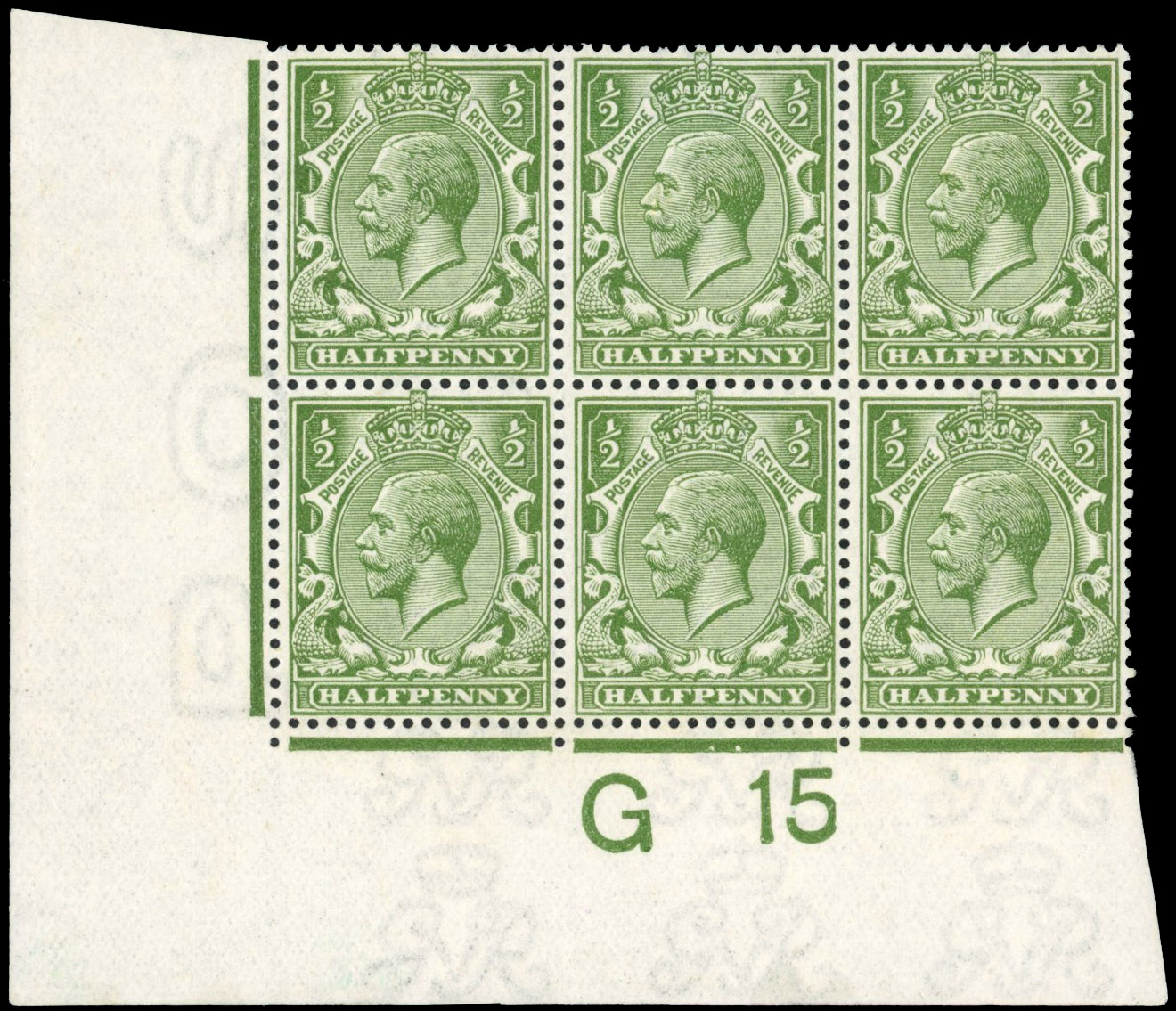 GB 1912-24 ½d olive-green, mint control G15 block of six