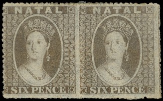 1862 6d grey no watermark, rough perf 14 to 16.  O.G. pair with extensive (but fairly light hinge remainder).  Scarce...