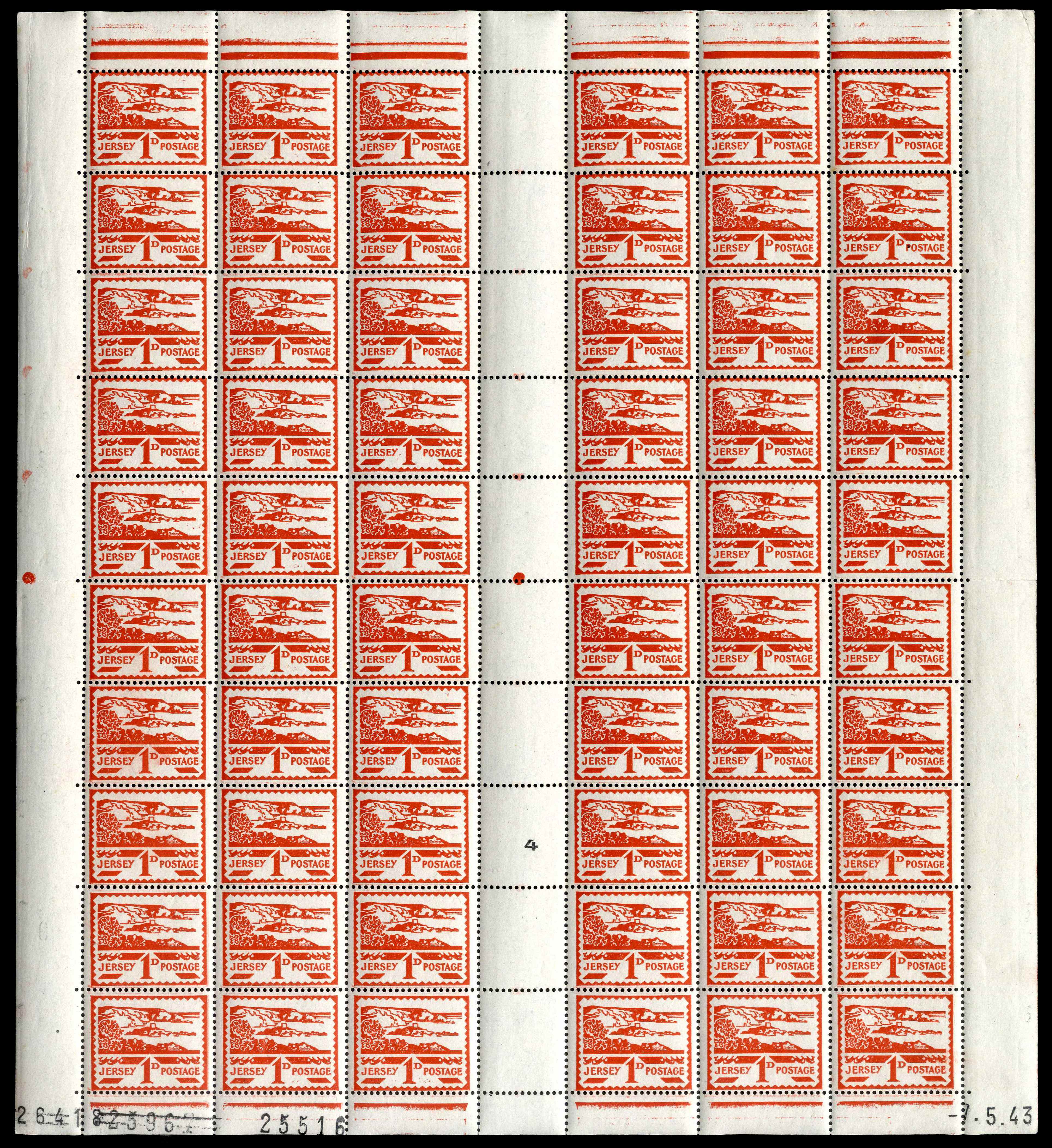 1943-44 Pictorial Issue 1d red Portelet Bay pair of complete folded sheets SG 4