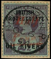 1893 ½d on 2½d handstamped Type 8 in vermilion, used on small piece with full Bonny River CDS OC 6 94.  Very fine.  SG 25,...