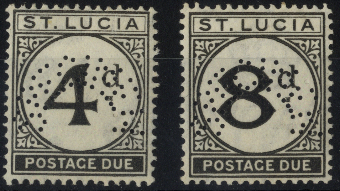 Postage Dues. 1947 4d and 8d perforated SPECIMEN Type D21, part o.g. with some black adhesions on reverse. SG...