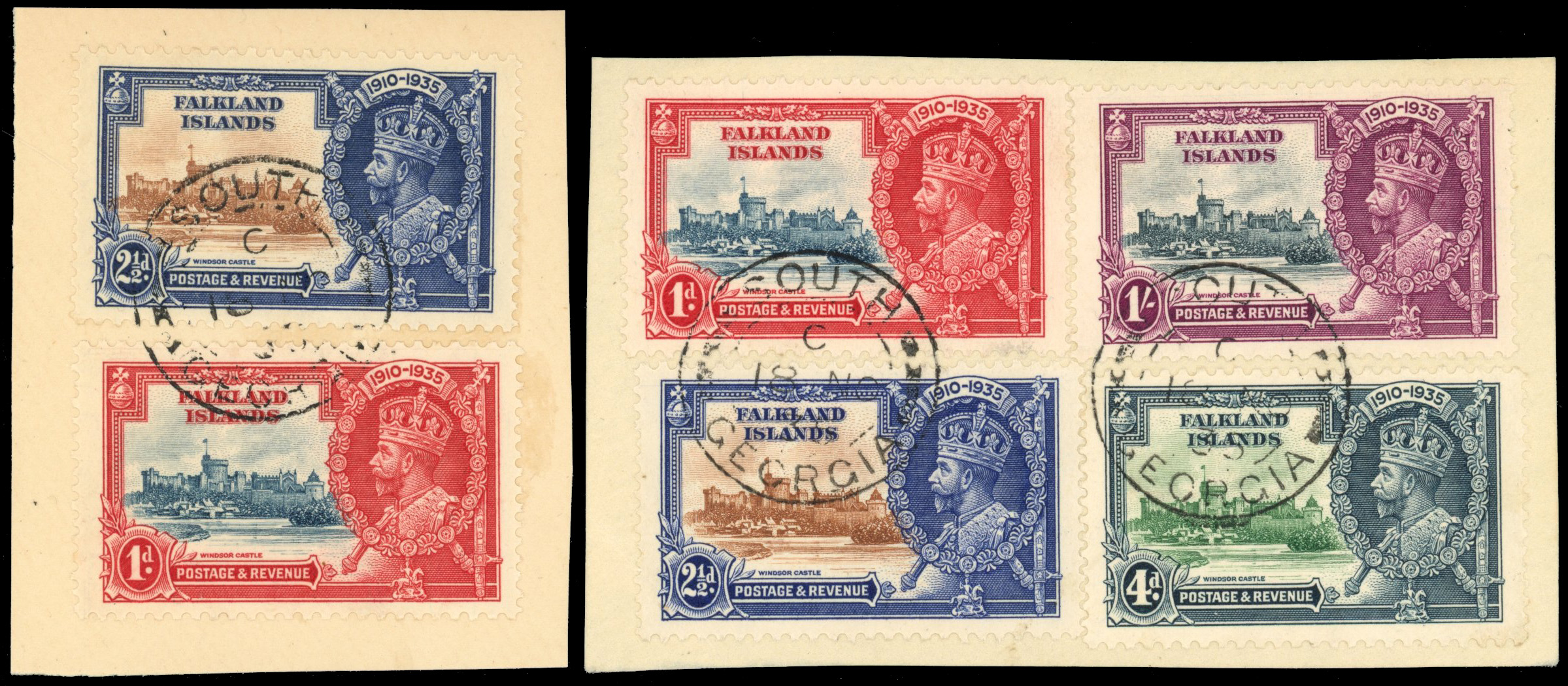 Falkland Islands SG 139e, 140e 1935 Jubilee 1d, 2½d double flagstaff used on pieces