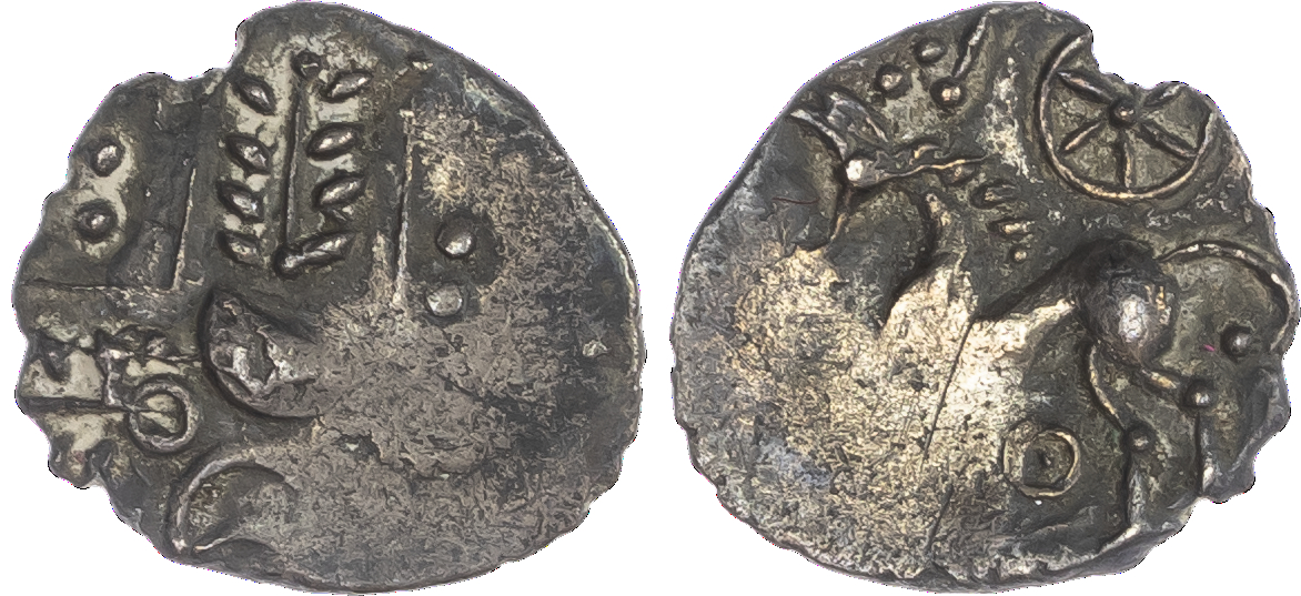 Iceni (c. 20 BC-AD 10) AR Unit, ‘Crescent Corn Ears’ type, 0.91g. Crossed wreaths, opposing crescent and pellets-in-annulets