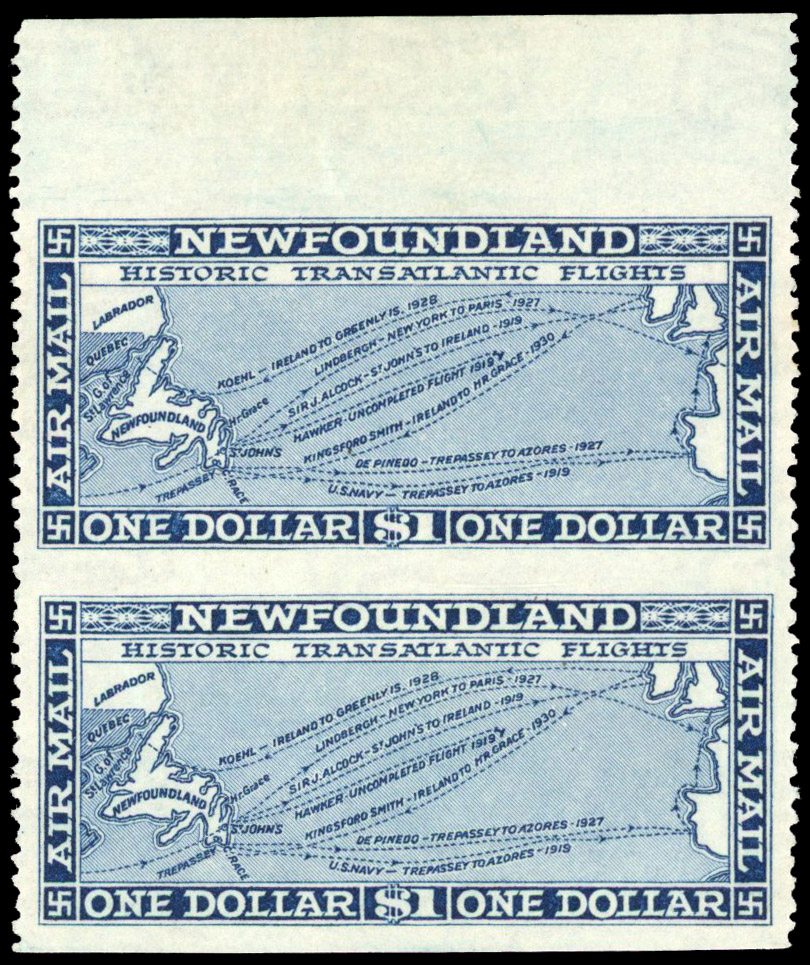 Newfoundland 1931 Air $1 with watermark vertical pair imperforate horizontally