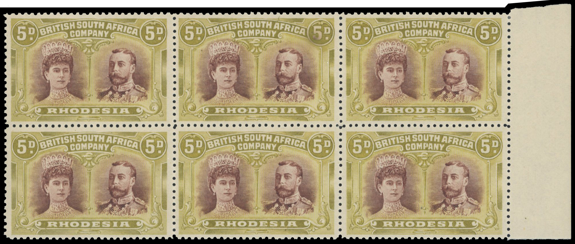 5d purple-brown and olive-yellow SG 141a block, positions 33-40 mint