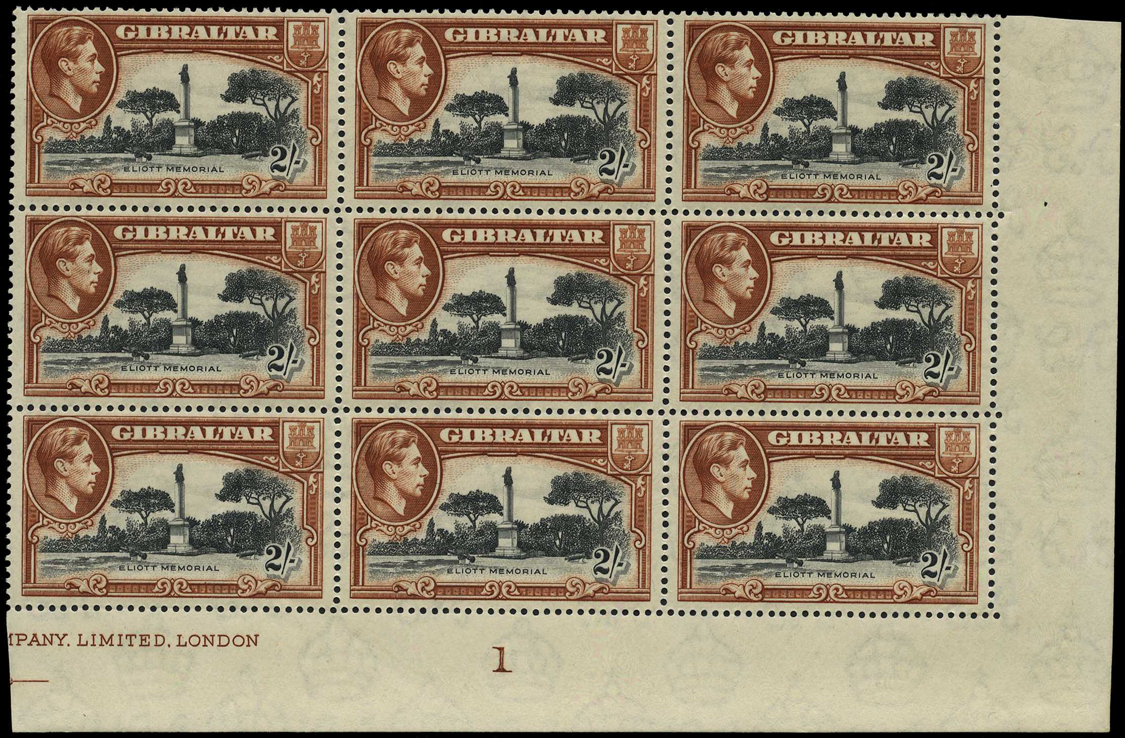 1938 2/- black and brown perf 14, lower...