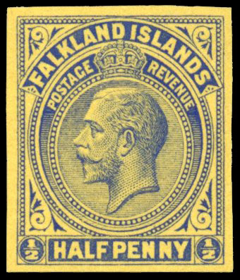 Falkland Islands 1912-20 ½d imperforate paper trial in ultramarine on yellow-surfaced paper, SG 60var