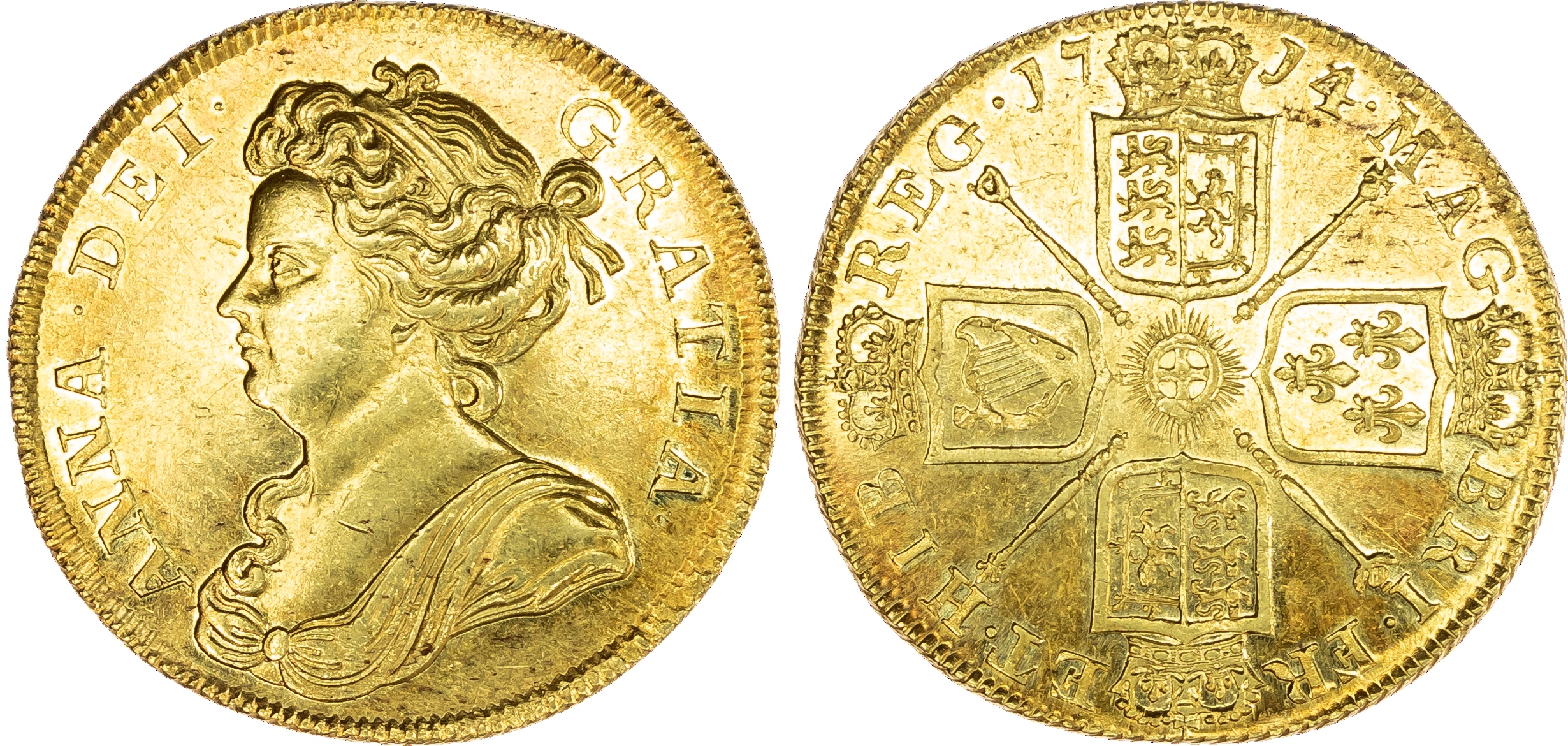 Anne (1702-14), Two Guineas, 1714/3, draped bust left, Latin legend and toothed border surrounding, reads ANNA DEI GRATIA.