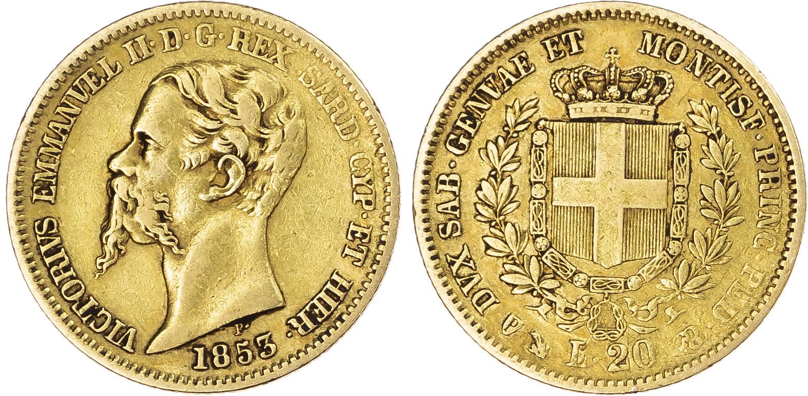Italy, Sardinia. Vittorio Emanuele II AU 20 Lire. 1853P.