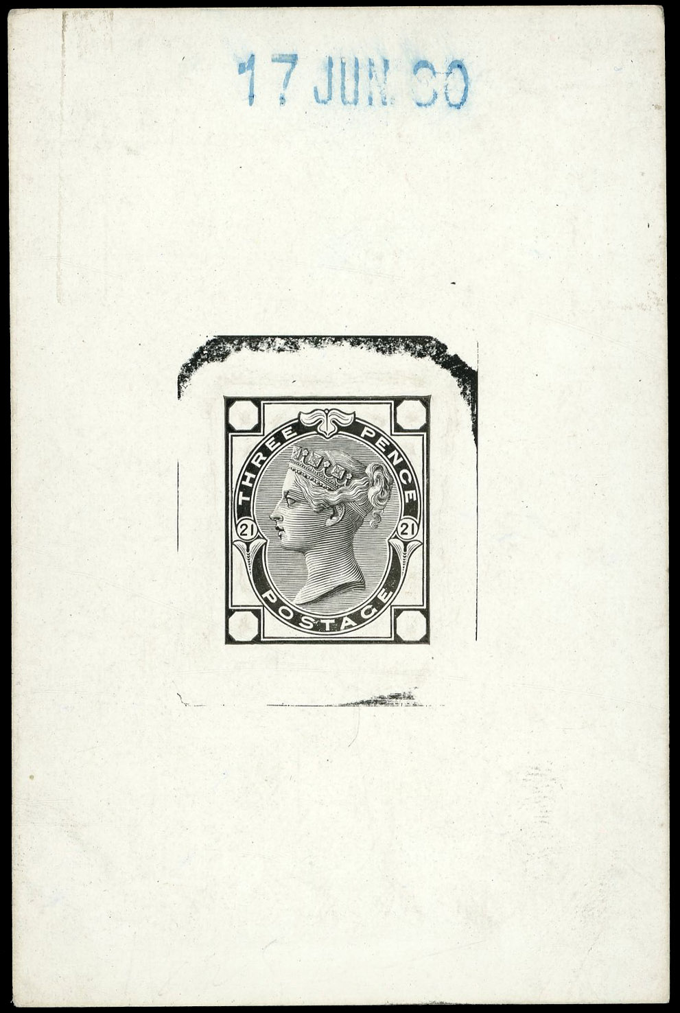 1880 3d rose Pl.21. Very fine die-proof printed in black on white glazed card (61x92mm) dated at top ’17 JUN 80’ in blue…