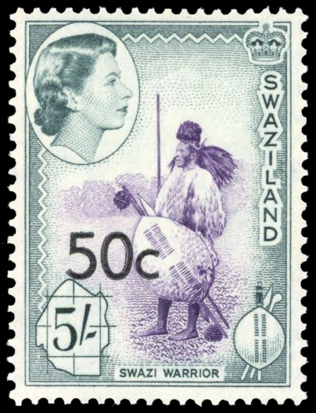 Swaziland SG 75b 1961 50c on 5s Type III surcharge mint