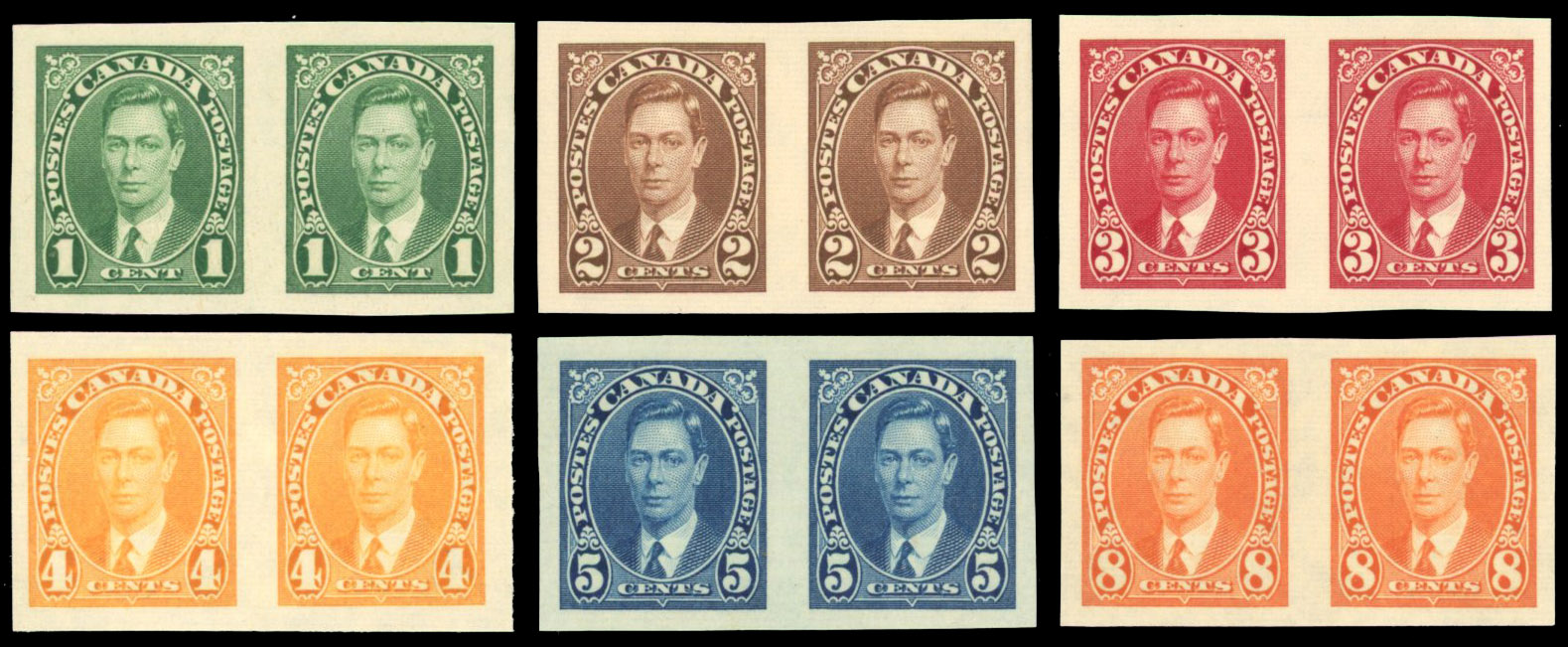 Canada SG 357-362 1c-8c imperforate pairs mint
