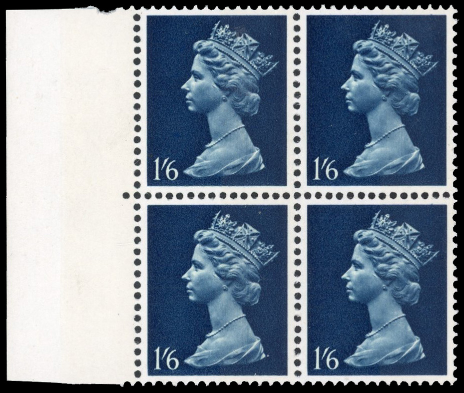 GB: 1967-70 1s6d greenish blue and deep blue, PVA gum, block of four mint ‘GREENISH BLUE OMITTED AND ONE 9.5MM PHOSPHOR BAND
