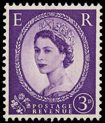 3d deep violet, (SG 575var/Spec ST7(4)c) 2mm blue phosphor centre band, printed under the ink, perforated on gummed Crowns...