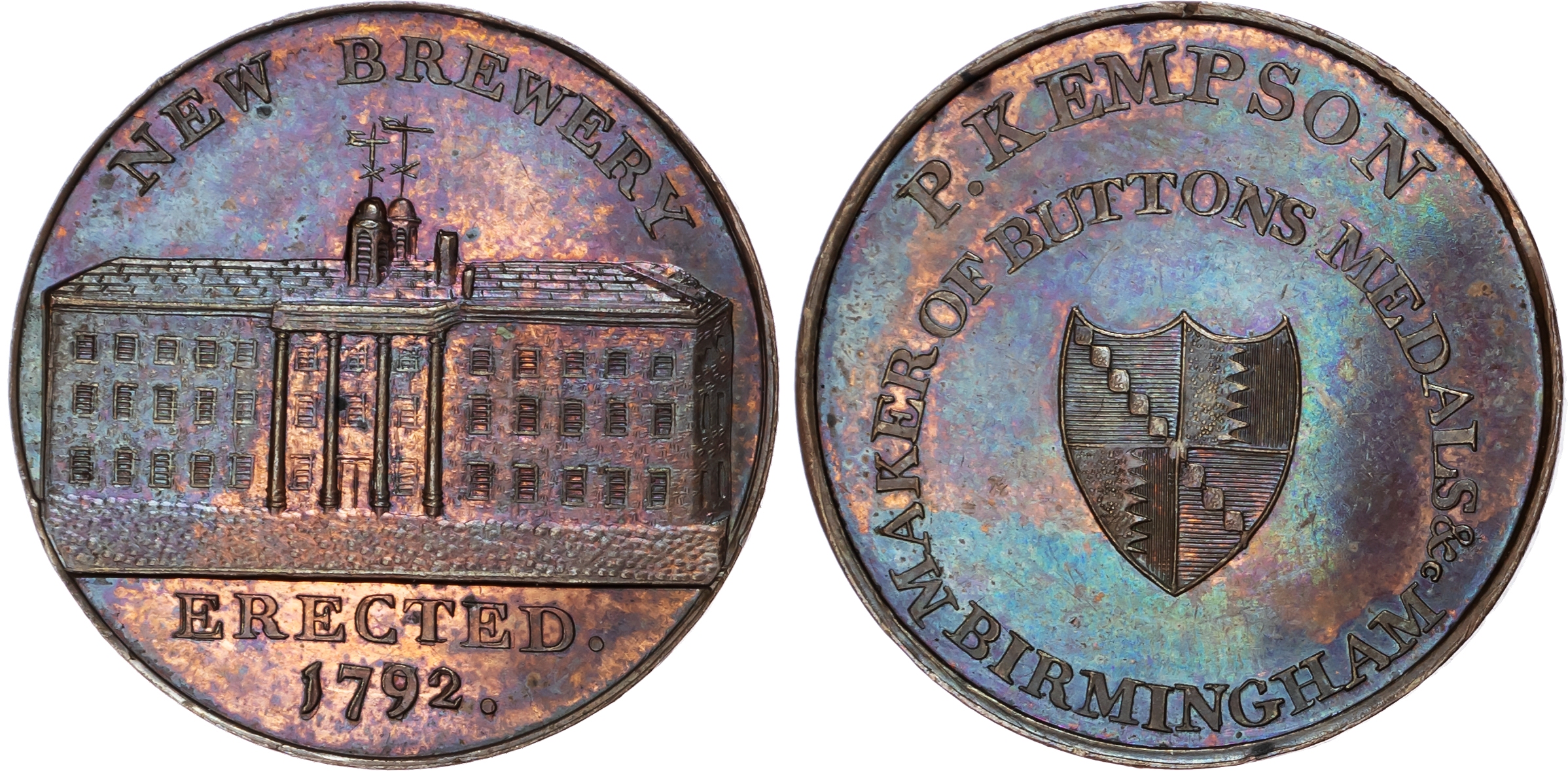 Warks. Birmingham , P Series of Birmingham Buildings, Halfpenny undated, New Brewery, rev. Arms of Birmingham …