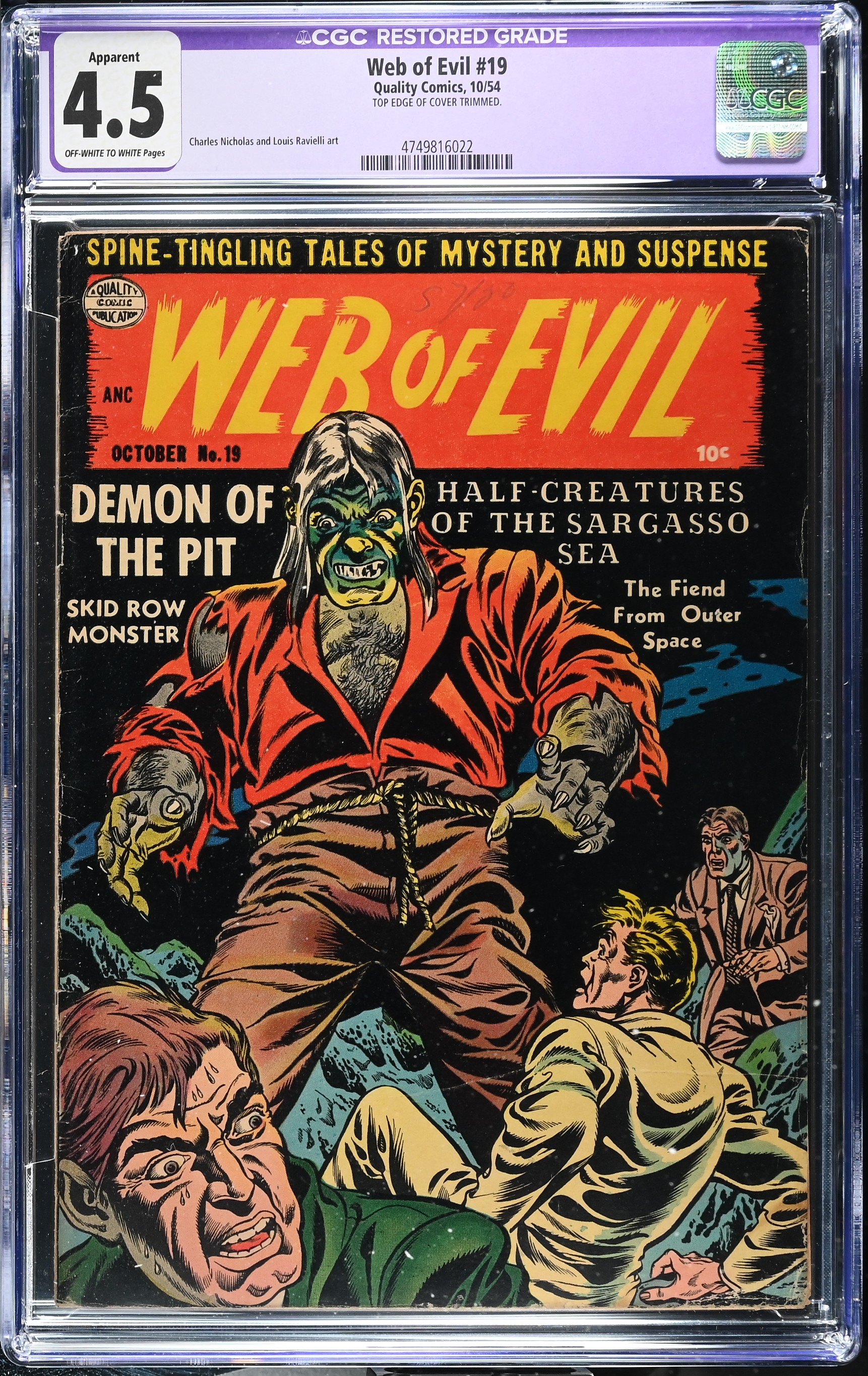 Web of Evil #19 CGC 4.5 Restored Charles Nicholas and Louis Ravielli Art (Quality Comics, 1954) Off-White to White Pages