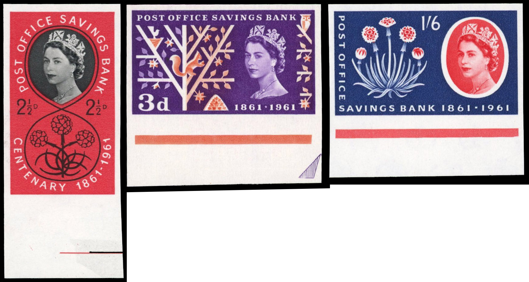Great Britain 1961 2½d-1s6d Centenary of Post Office Savings Bank, Set of Three, BPMA Imprimatur, SG 623/5A
