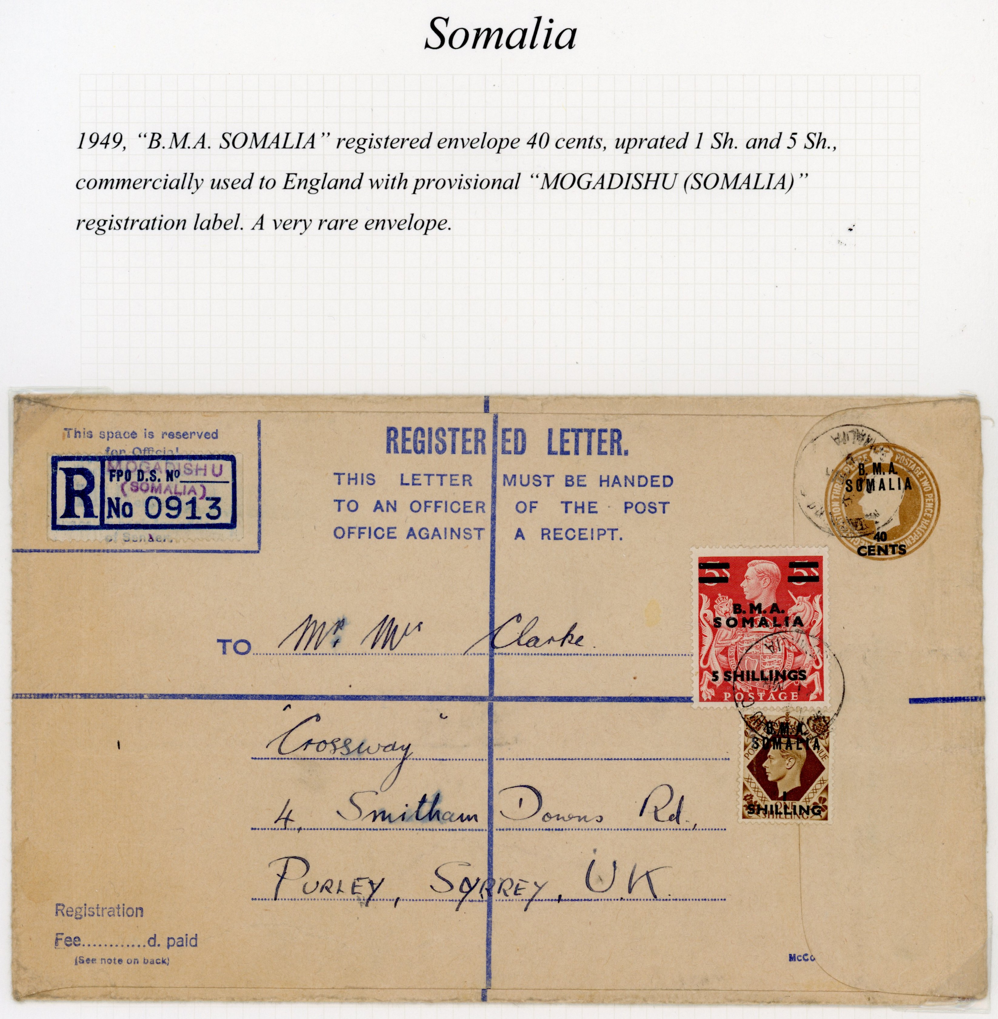 BOIC Somalia 1949 registered envelope to UK