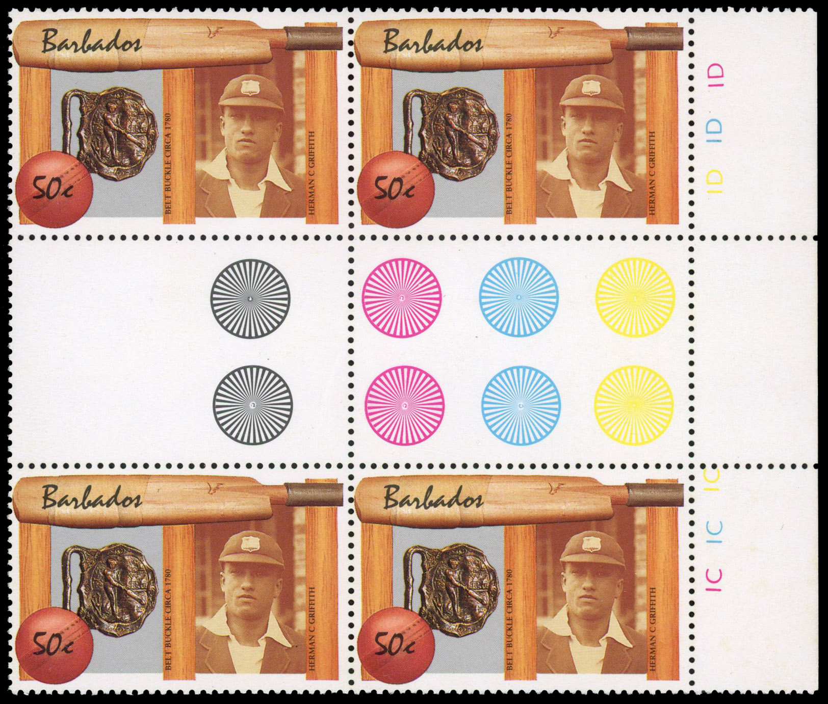 BARBADOS: 1988 50c cricket, interpanneau right-hand marginal block of 4 with error of portrait, E.  Bartlett for Herman C.