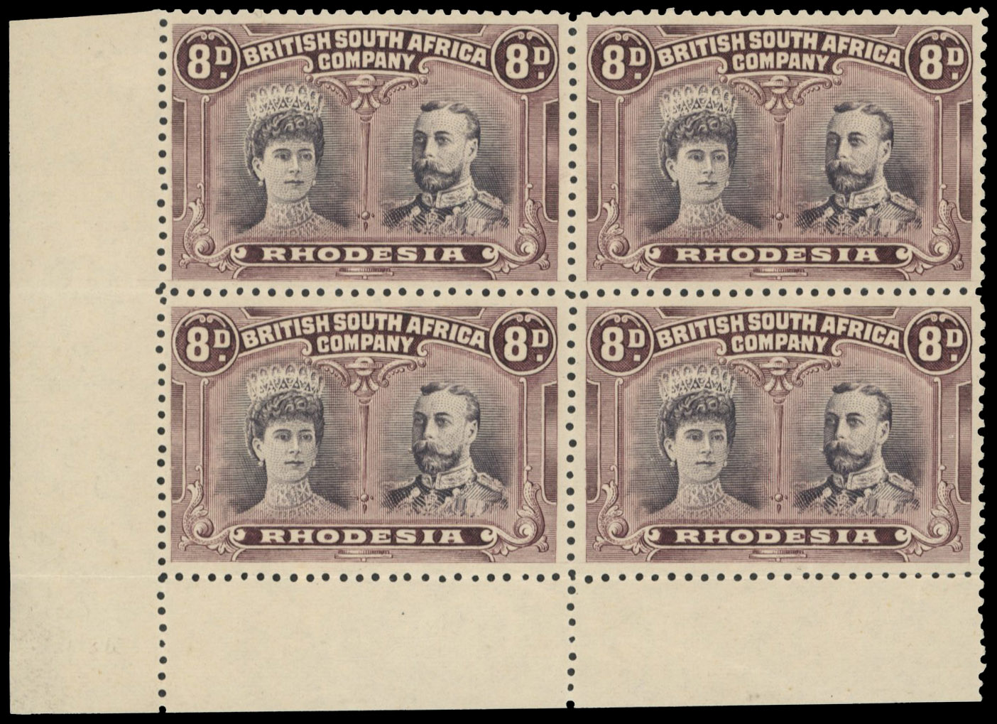 8d (paler) grey-black and (lighter) purple perf 13½ block, positions 41-7 mint