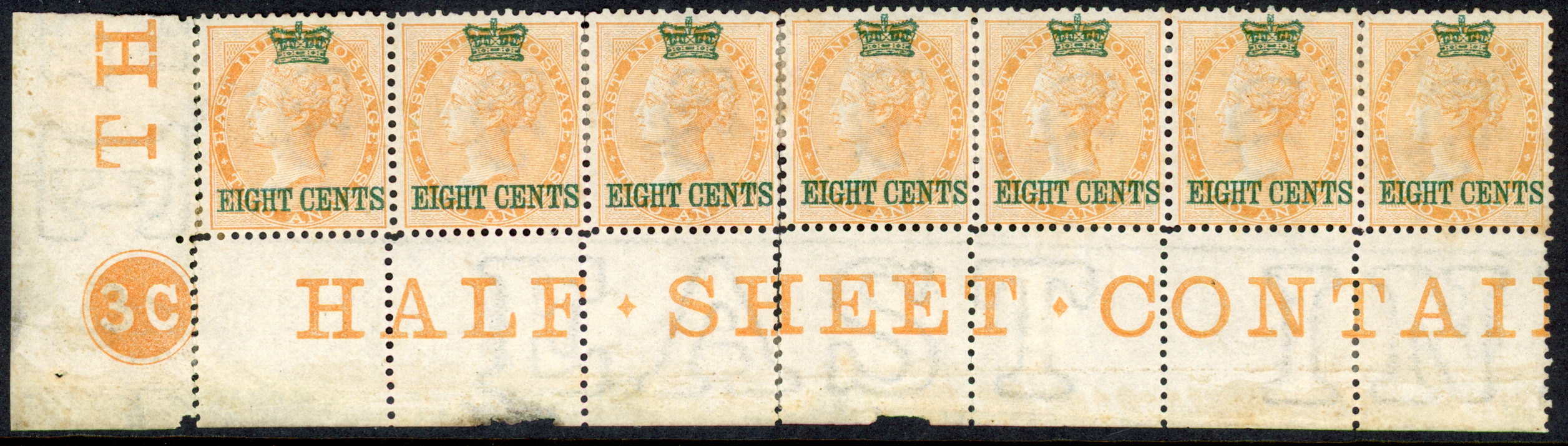 Straits Settlements SG 6 1867 8c on 2a yellow lower left corner strip of 7