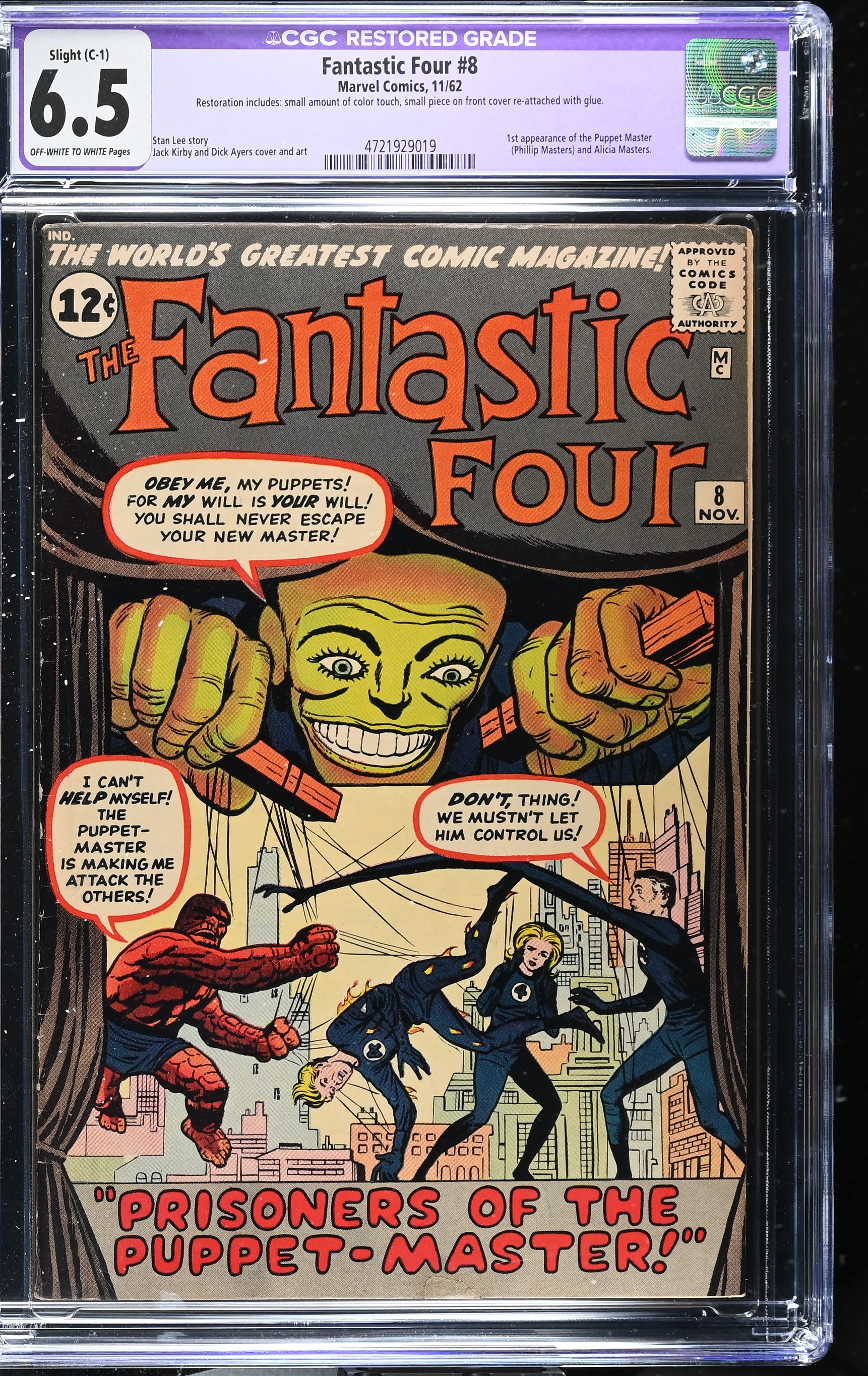 Fantastic Four #8 CGC 6.5 Restored 1st Appearance of the Puppet Master (Marvel Comics, 1962) Off-White to White Pages