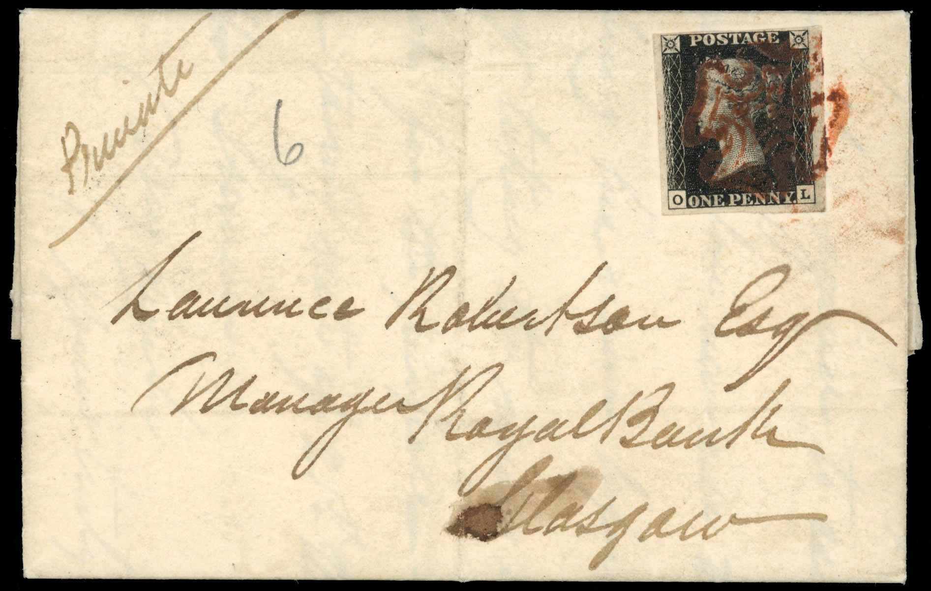 GB: POSTAL HISTORY: 1840 1d black, plate 6 (OL), clear to very large margins, on cover to Glasgow