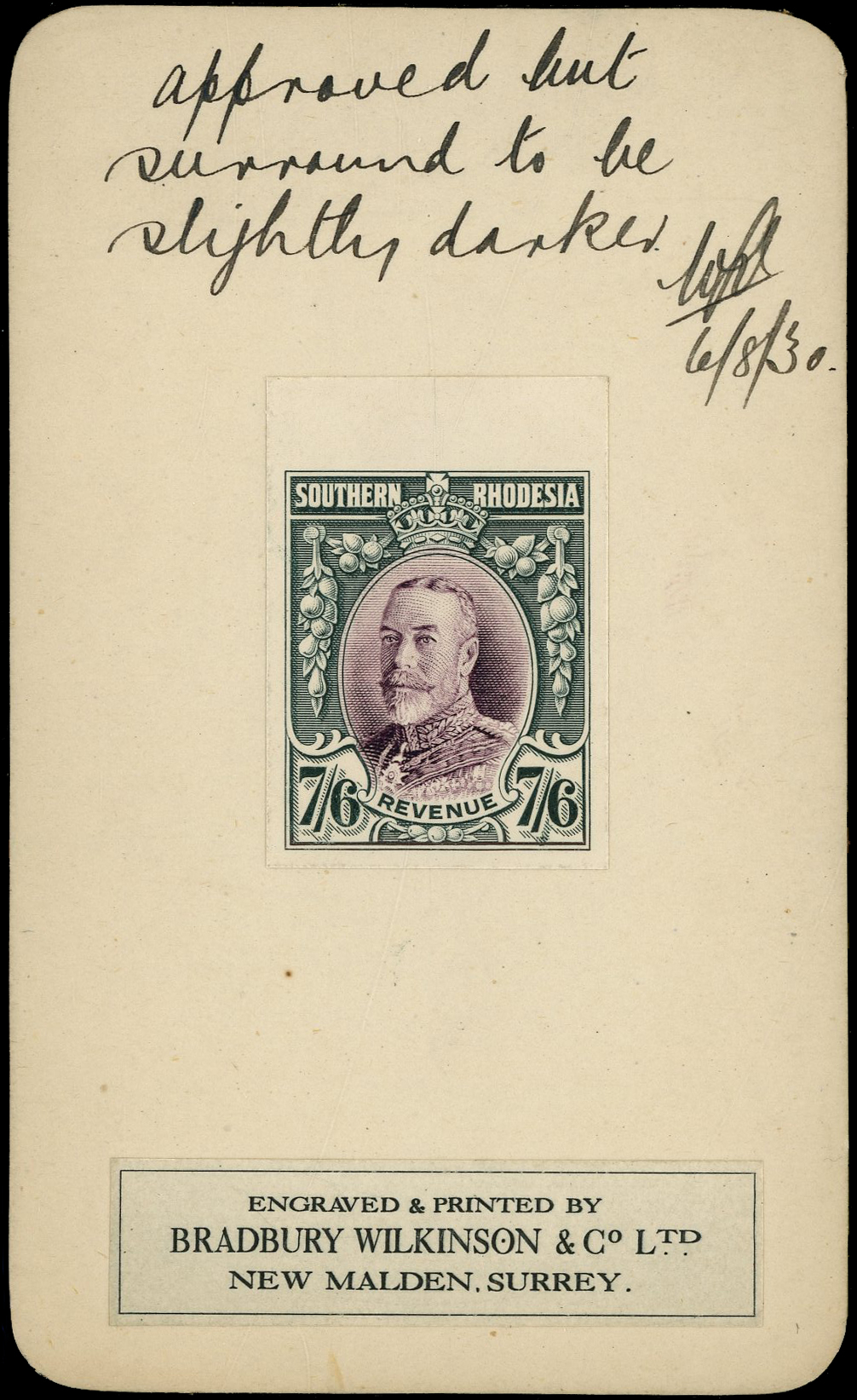 Southern Rhodesia 1930 7s6d black and purple, imperforate colour trial