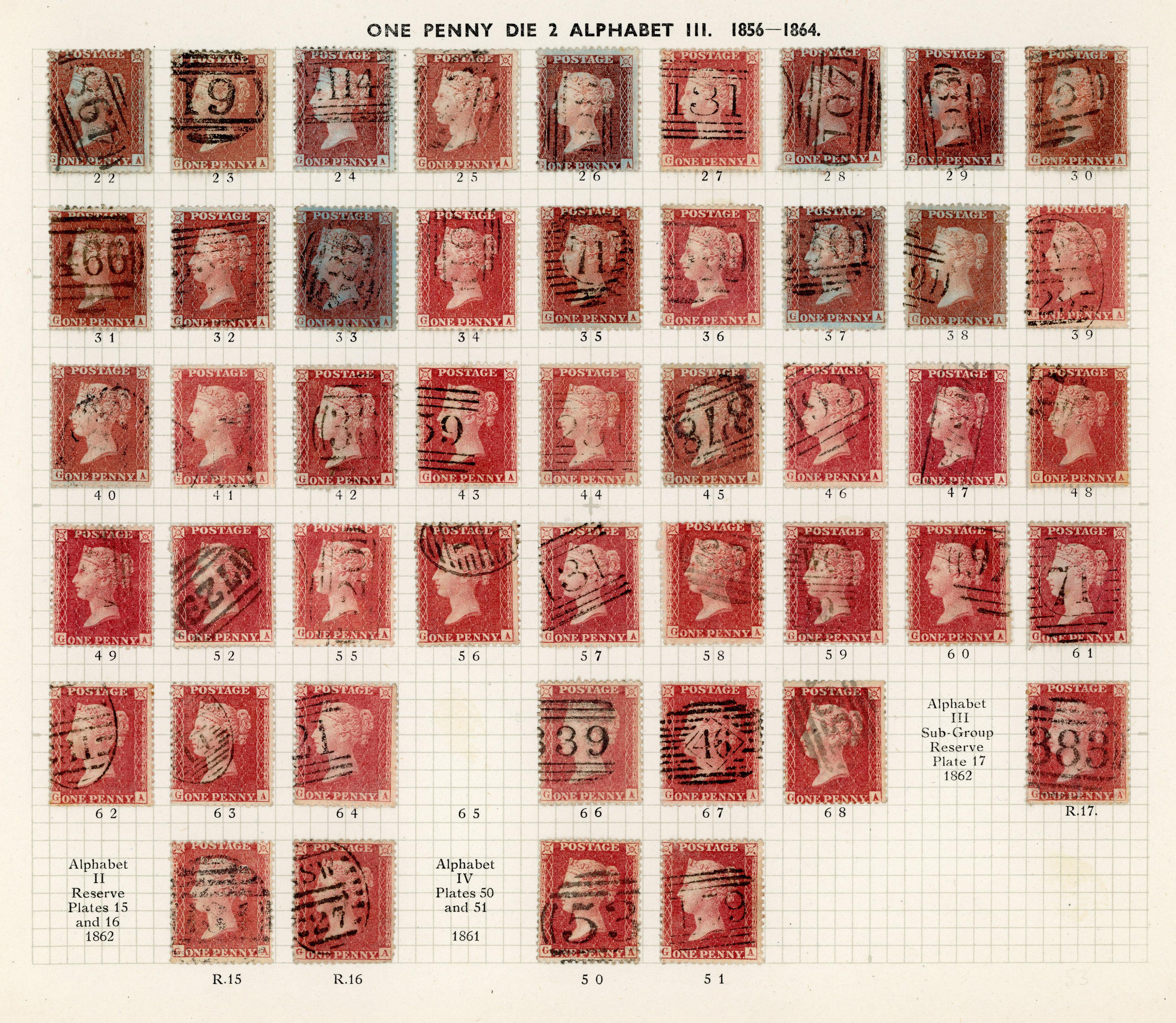 GB 1856-64 1d reds from Plates 22 - R17, the G Row