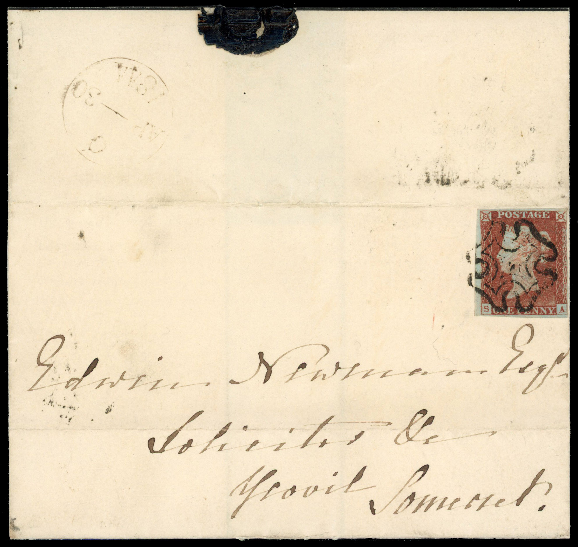 1841 1d Red-brown. Very fine wrapper from London to Yeovil Last day of MC