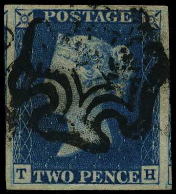 1840 2d blue, Plate 1, (TH), four full...
