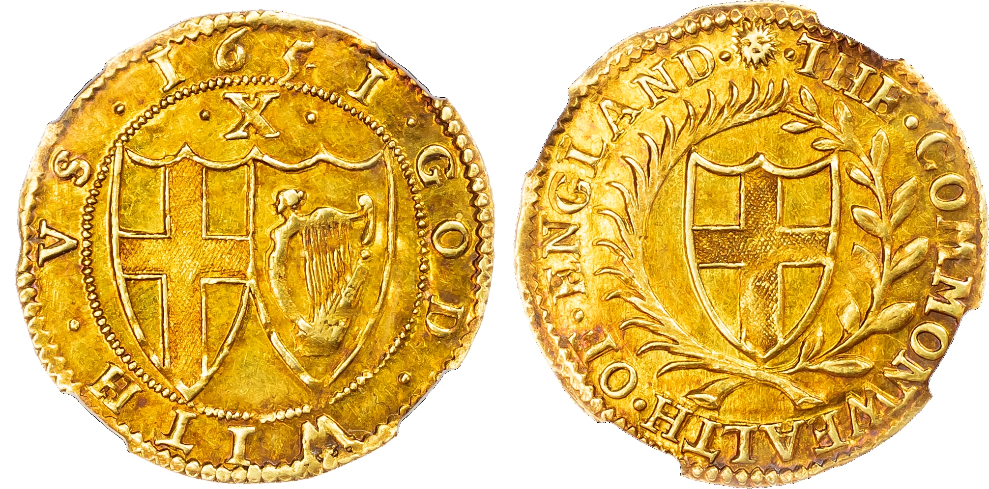 Commonwealth (1649-1660), Double Crown or Half Unite, dated 1651 (1651/49). NGC MS 63+